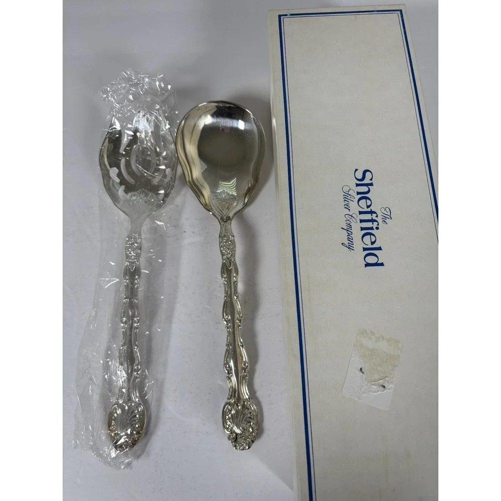 Sheffield Silver Co Salad Serving Set Spoon Fork Silverplate w Box VTG